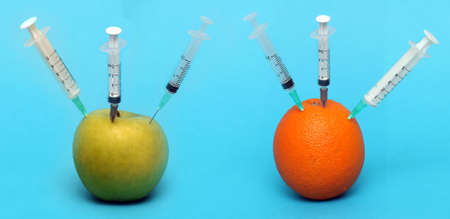 Apple and orange fruits concept with syringes and needles used in food modification industryの写真素材