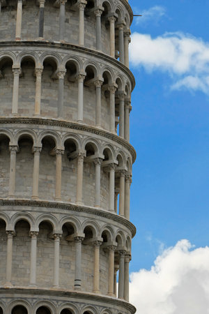 Leaning Tower of Pisa  detail with blue sky clouds