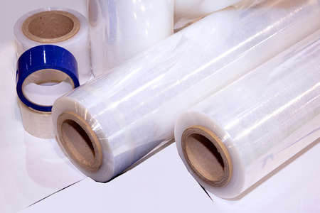 Stretch wrap rolls pile used in packaging industryの写真素材
