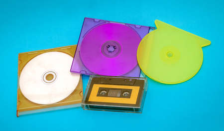 Retro hipster music records audio cassette and compact discs pileの写真素材