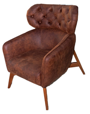 Retro brown leather armchair isolated on white backgroundの写真素材