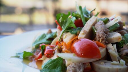 Thai food is called Spicy salad in a white plate on wooden table.の写真素材