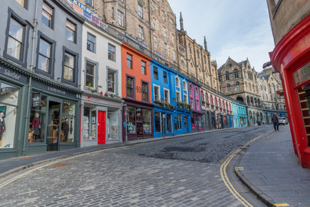 View of Victoria Street in Grassmarket where J.K. Rowling hade the Inspiration for the Diagon alley on Harry Potter in Edinburgh, Scotlandのeditorial素材