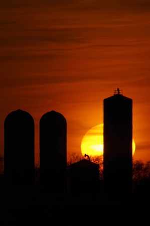 Sun Setting Rising Behind Grain Siloの写真素材