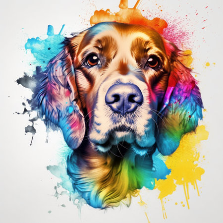 Portrait of Beagle dog with colorful splashes on white backgroundの素材