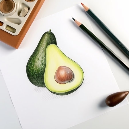 Avocado and pencils on a white background. flat lay.の素材