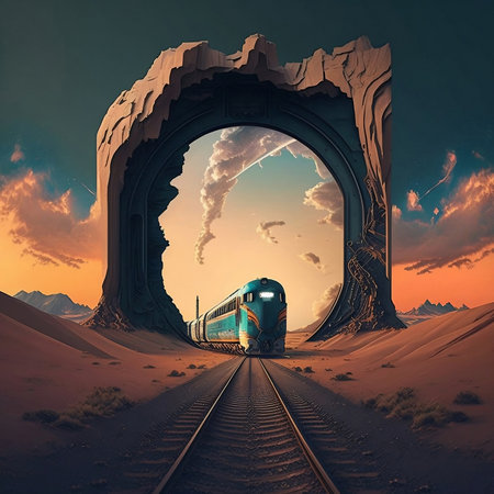 Train passing through an arch in the desert. 3D rendering.の素材