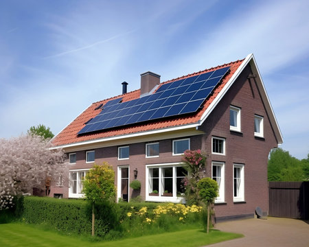House with solar panels installed on the roof. Photovoltaic modules installed on the roof.の素材