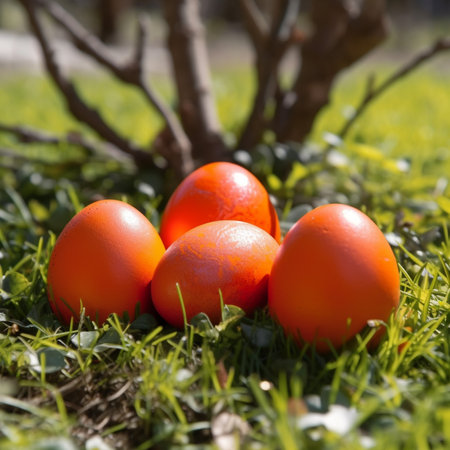 Easter eggs on the grass in the garden. Selective focus.の素材