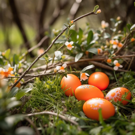 Colorful easter eggs on the grass in the garden. Selective focus.の素材