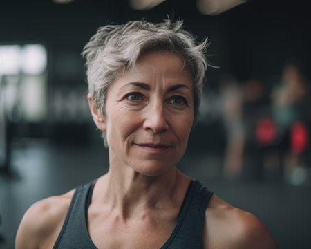 Portrait of senior woman looking at camera in gym. Mature woman with gray hair. crossfit, old woman, fitness, workout, gray hairの素材
