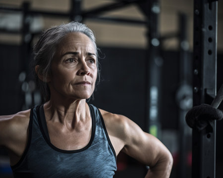 Portrait of senior woman at crossfit gym looking at camera. crossfit, old woman, fitness, workout, gray hairの素材