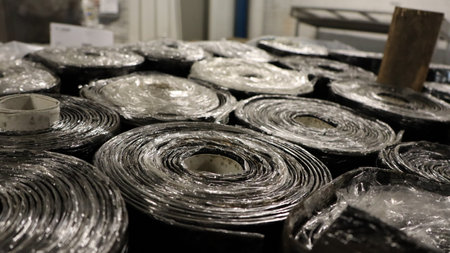 Rolls of galvanized iron in a metal factory, stock photo, roofing, bitumen, rollの写真素材