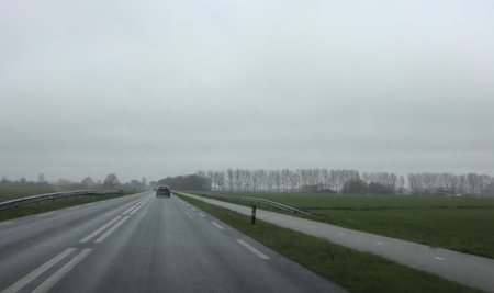 View on the road (highway) through the fields and forest. Netherlands, provincial roadの写真素材