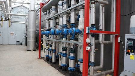 Pipeline system in the factory, industrial equipment, closeup of photo, greenhouse co2 installationの写真素材