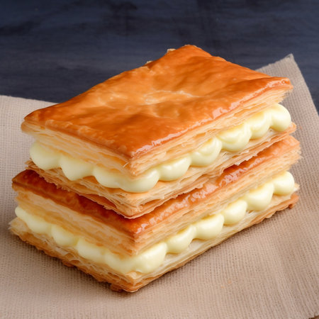A stack of puff pastry filled with cream cheese on a napkin.の写真素材