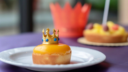 Cake with a golden crown on a white plate. Selective focus. Koningsdag, queensday, netherlands,...