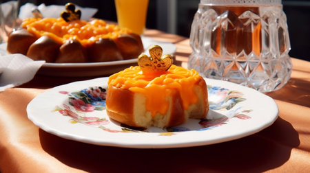Orange cake and orange juice on the table. Selective focus. Koningsdag, queensday, netherlands, orangeの写真素材