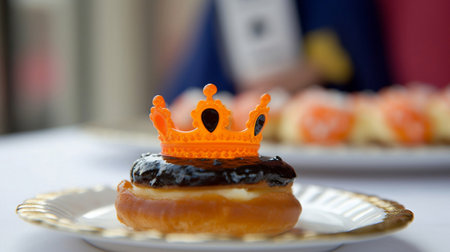 donut with chocolate glaze and royal crown on white plate. Koningsdag, queensday, netherlands, orangeの写真素材