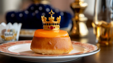 Cake with a crown on a plate on a table in a restaurant, Koningsdag, queensday, netherlands, orangeの写真素材
