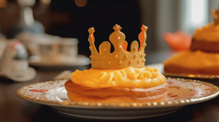 Cake with golden crown on a plate. Close up. Koningsdag, queensday, netherlands, orangeの写真素材