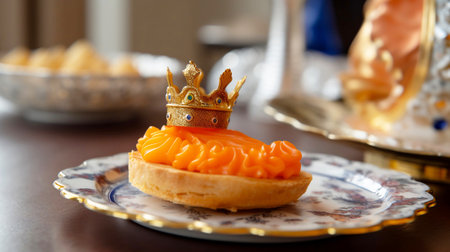 Orange tartlet with golden crown on the plate. Selective focus. Koningsdag, queensday, netherlands, orangeの写真素材