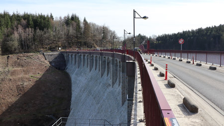 Hydroelectric power station on the highway in the spring, Russia, Robertvilleの写真素材