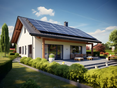 Modern house with solar panels on the roof. 3d rendering, solar panel, solar, solar panelsの写真素材
