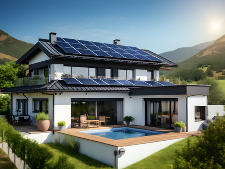 3d rendering of modern cozy house with solar panels on the roof. Solar panel, solar, solar panelsの写真素材