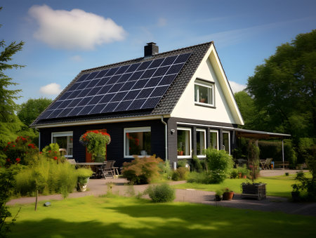 House with solar panels on the roof and green lawn in the garden Solar panel, solar, solar panelsの写真素材