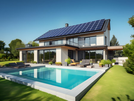 Modern house with solar panels on the roof and swimming pool. 3d rendering Solar panel, solar, solar panelsの写真素材