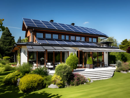 Solar panels on the roof of a modern house with a beautiful garden Solar panel, solar, solar panelsの写真素材