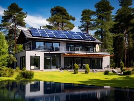 Modern house with solar panels on the roof. Alternative energy source. Solar panel, solar, solar panelsの写真素材