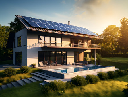 3d rendering of a modern house with solar panels on the roof, Solar panel, solar, solar panelsの写真素材