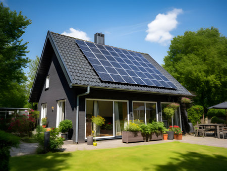 Modern house with solar panels on the roof. Alternative energy source.の写真素材