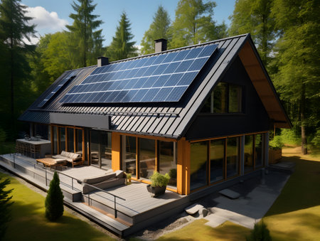 3d rendering of modern cozy chalet with pool and parking for sale or rent. Black metal roof with solar panels. Clear sunny summer day with blue sky.の写真素材