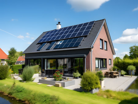 Modern house with solar panels installed on the roof. Alternative energy source.の写真素材