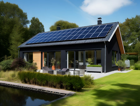 3d rendering of a modern house with solar panels on the roofの写真素材