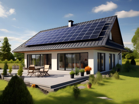 3D rendering of a house with a solar panel on the roofの写真素材