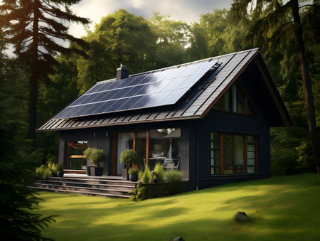 3D rendering of modern cozy chalet with solar panels on roof.の写真素材