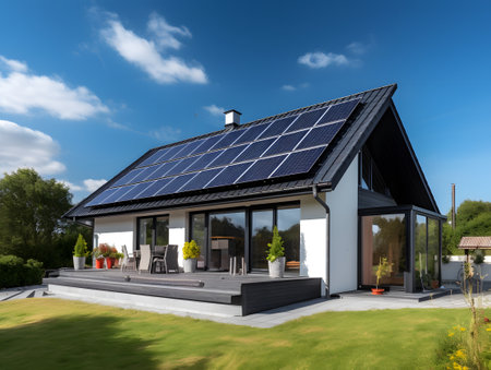 3D rendering of a modern house with solar panels installed on the roofの写真素材