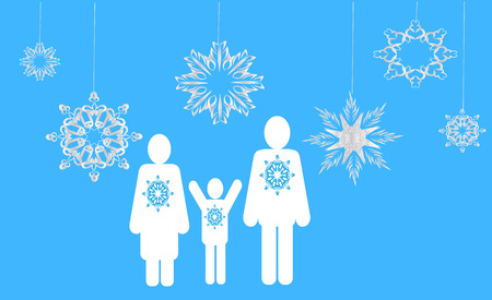 Winter family. Happy family on a blue background with snowflakesのイラスト素材