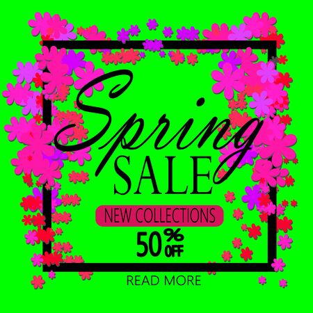 Super Spring Sale Banner. Colorful Spring Frame with Flowers. Vector Illustration.のイラスト素材