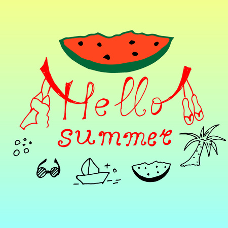 Vector summer background with hand drawn slice of watermelon and hand written text Hello summer. Vector illustrationのイラスト素材