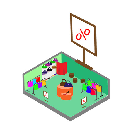 Flat 3d isometric fashion boutique shopping mall sale concept vector. Clothes, clothing, bags, shoes. Shop isometric.のイラスト素材
