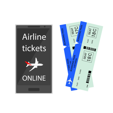 Airline tickets online. Buying or booking Airline tickets. Ticket reservations by phone. Online app for tickets order. Internation flights. Flat 3D isometric. Vector illustration.のイラスト素材