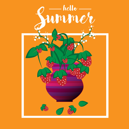 Bouquet of strawberry in a vase. Quote hello summer. Summer background. Summer illustration. Vectorのイラスト素材