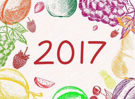 Cover calendar for 2017 on fruits background. Fruits hand made in sketch style. Vector illustrationのイラスト素材