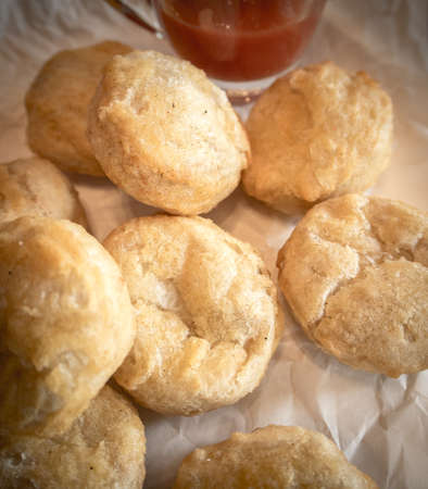 Close up of fried chicken nuggets with tomato sauceの写真素材