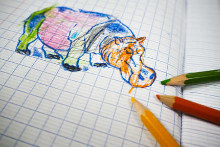 A hippo picture drawn with colored pencils by preschool on white paper. Selective focus.の写真素材
